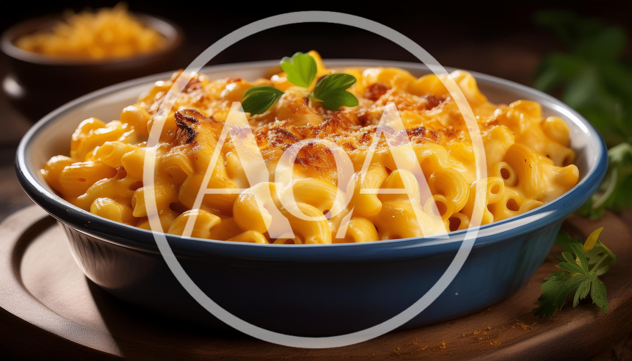 Baked Macaroni And Cheese In A Blue Ceramic Dish