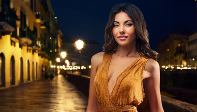 Beautiful Woman In A Golden Dress Standing On A Street