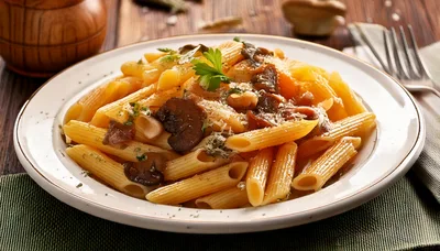 Penne Pasta With Mushrooms And Parmesan Cheese