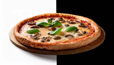 Mushroom Pizza With Fresh Basil On Wooden Board