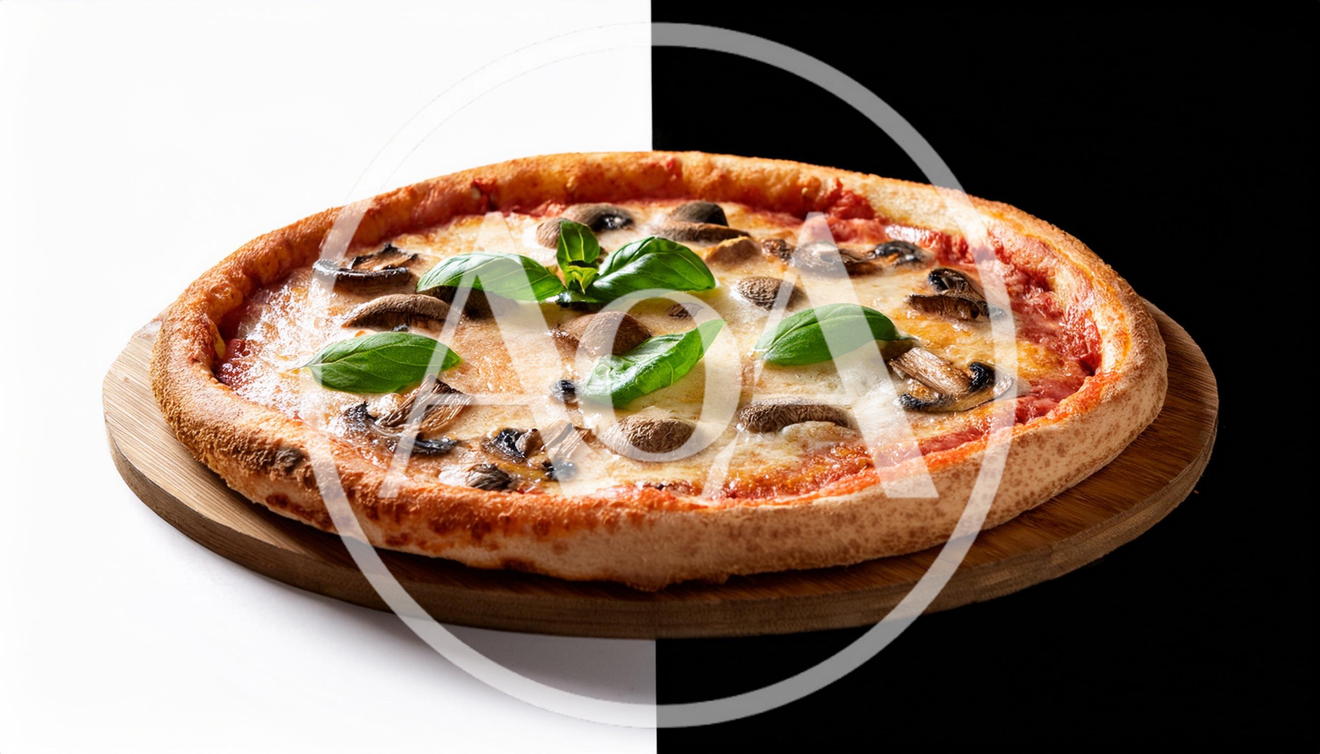 Mushroom Pizza With Fresh Basil On Wooden Board