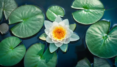 White Water Lily Floating On Dark Pond Water