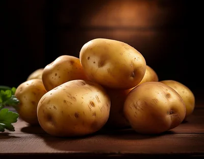 Fresh Raw Potatoes Piled On A Wooden Table