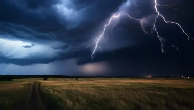 Lightning Strike Over A Dark Stormy Field