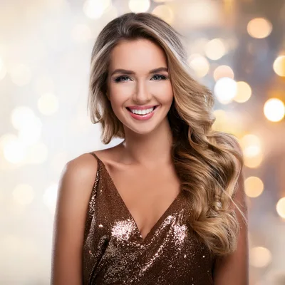 Smiling Blonde Woman In A Sequin Dress