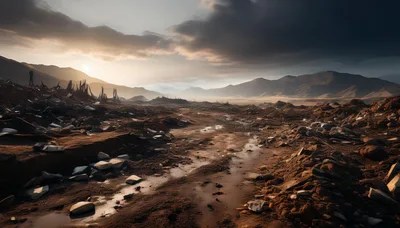 Desolate Martian Landscape With Rocky Terrain And Mountains
