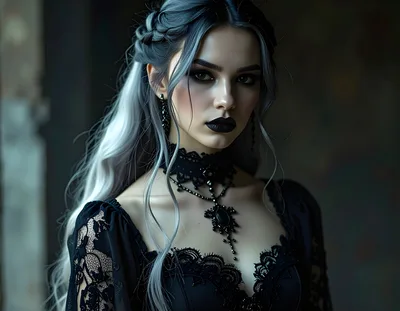 Gothic Woman With Silver Hair And Black Lace Dress