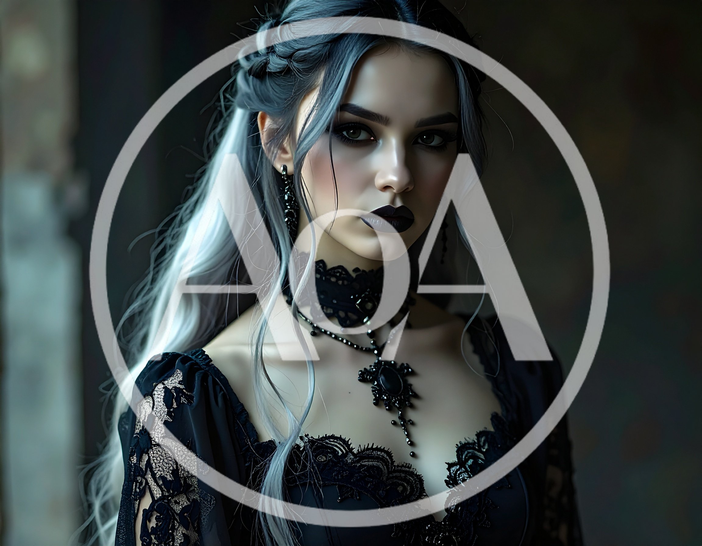 Gothic Woman With Silver Hair And Black Lace Dress