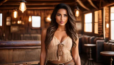Beautiful Woman Standing In A Rustic Western Saloon