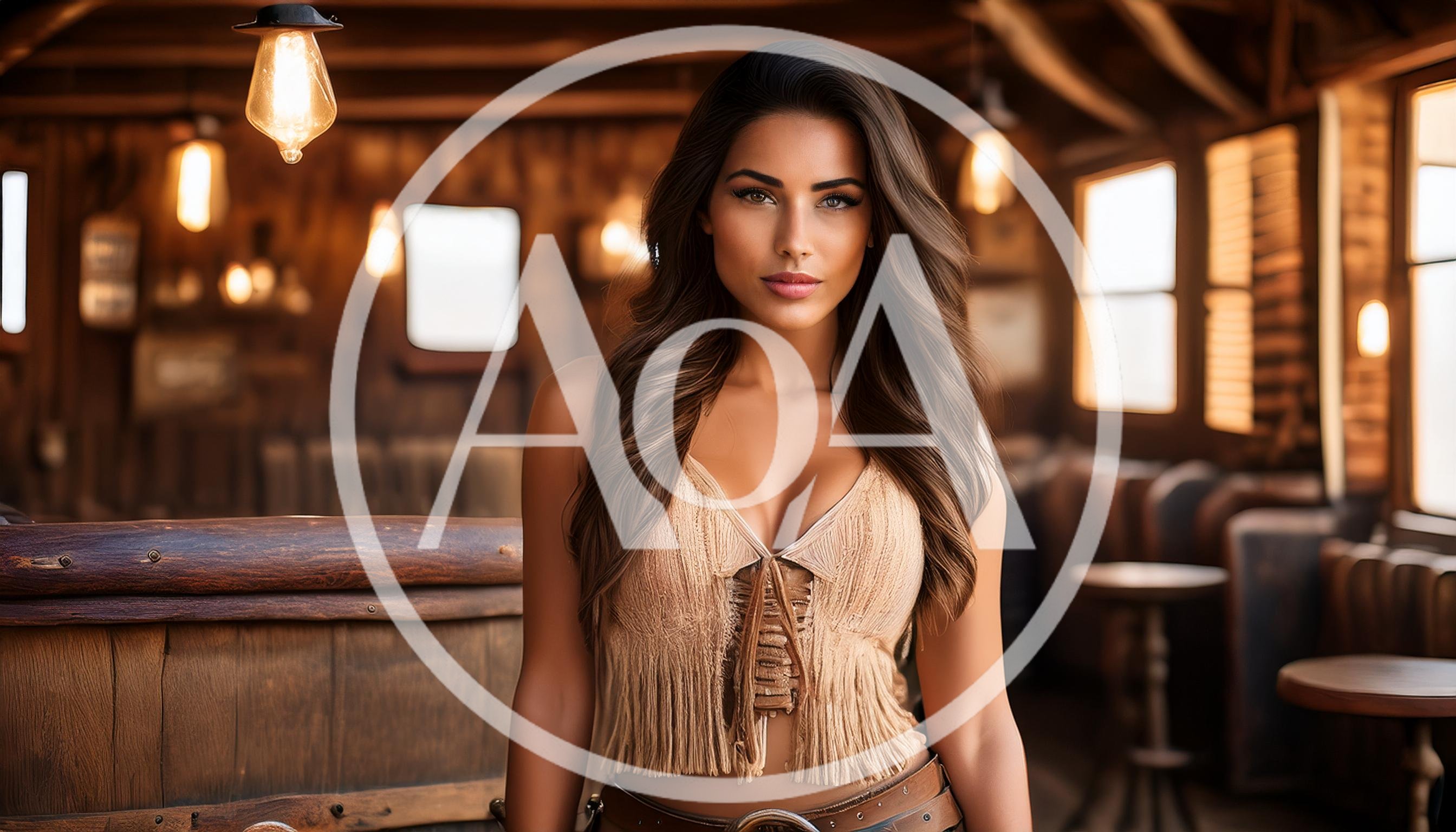 Beautiful Woman Standing In A Rustic Western Saloon
