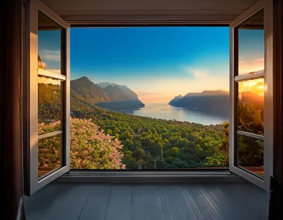Open Window Overlooking A Scenic Mountain Lake At Sunset