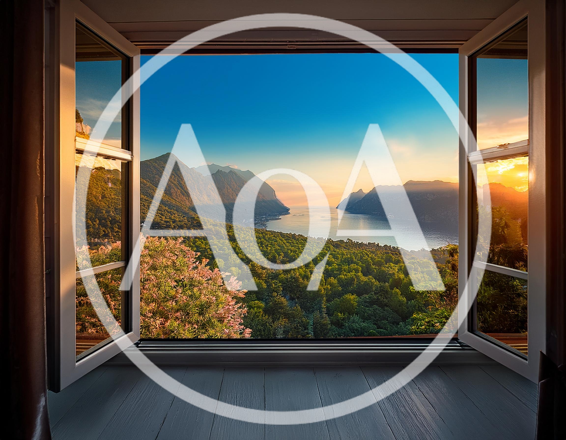 Open Window Overlooking A Scenic Mountain Lake At Sunset