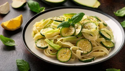 Zucchini Pasta Dish With Fresh Basil Garnish