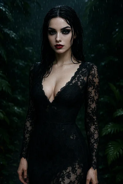 Gothic Woman in Black Lace Dress Standing in Rain