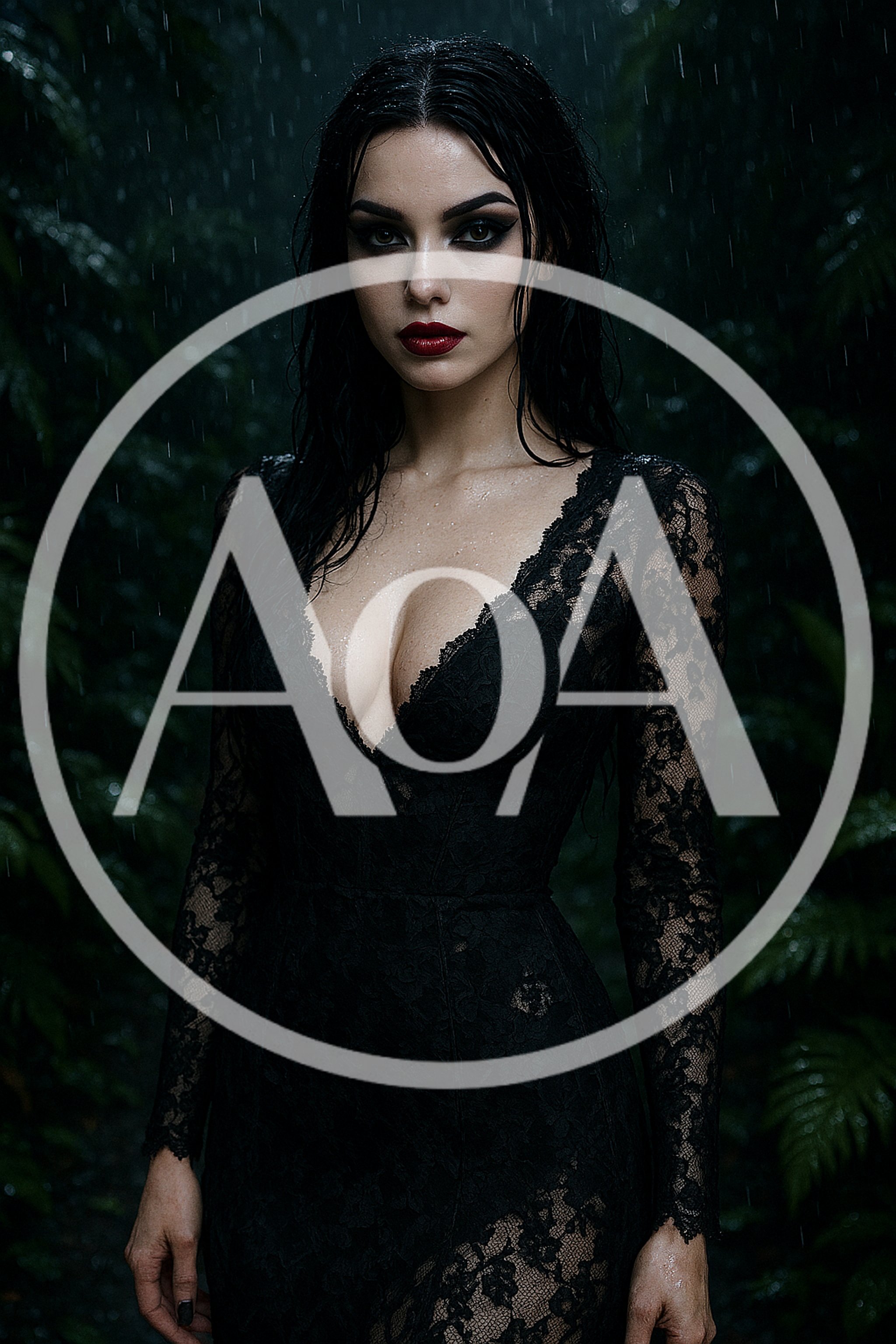 Gothic Woman in Black Lace Dress Standing in Rain
