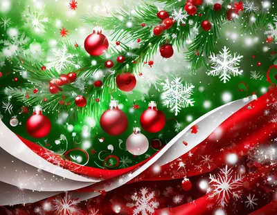 Festive Christmas Tree Branches With Red Ornaments And Snowflakes