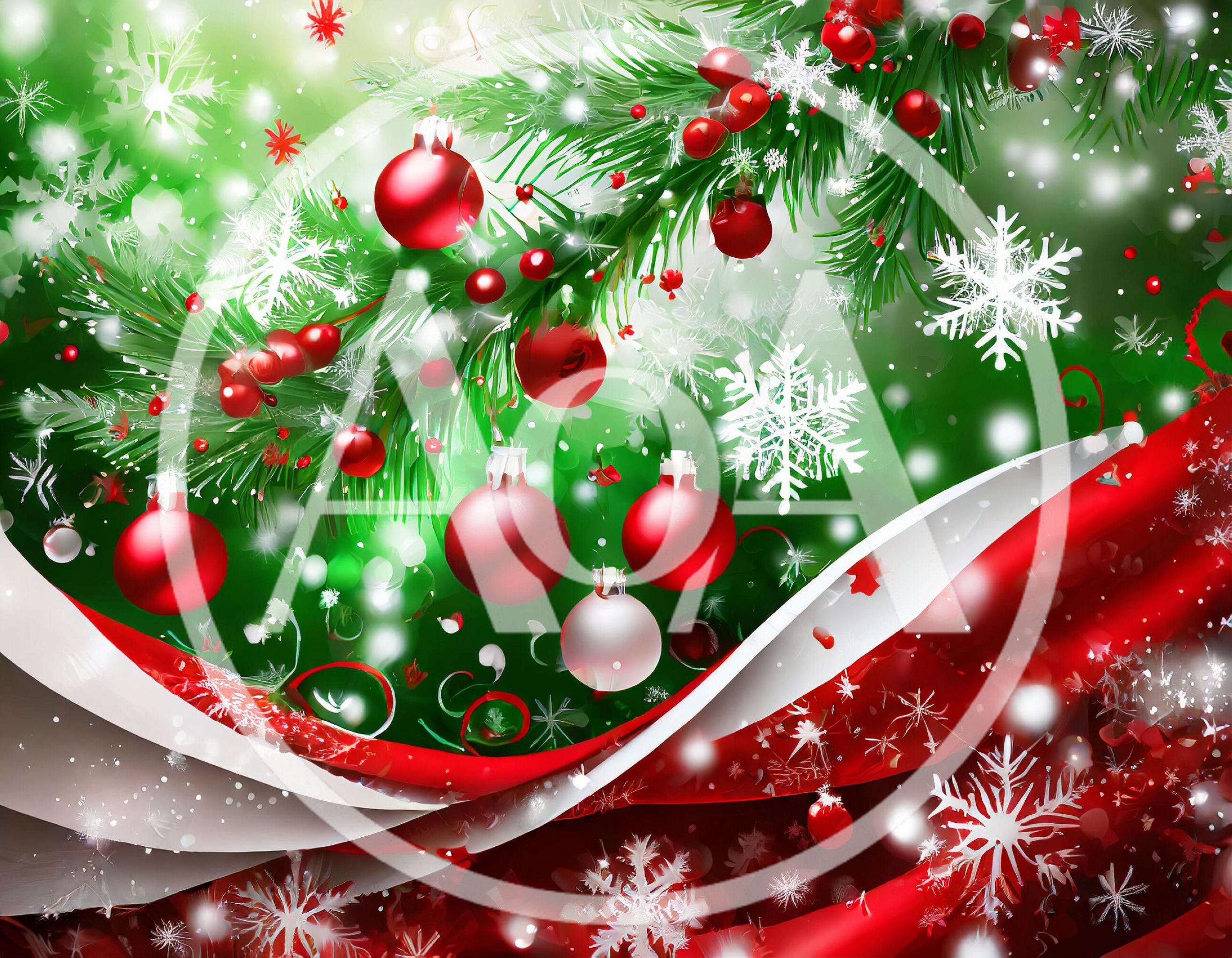 Festive Christmas Tree Branches With Red Ornaments And Snowflakes