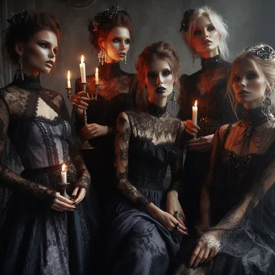 Group Of Gothic Women Holding Candles In Dark Setting
