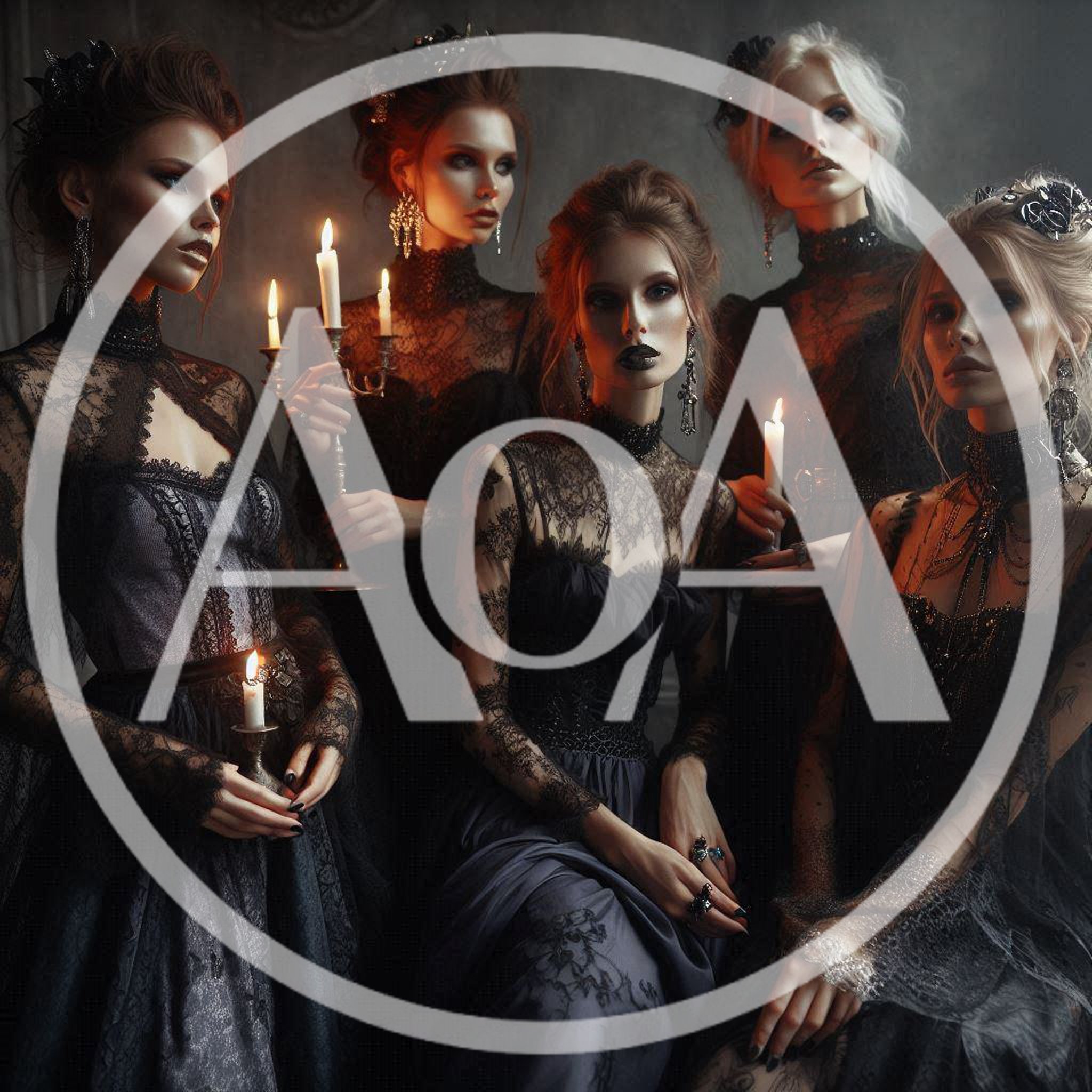 Group Of Gothic Women Holding Candles In Dark Setting