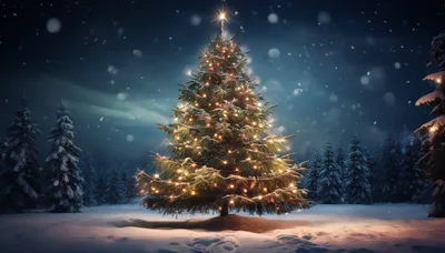 Illuminated Christmas Tree In Snowy Winter Forest