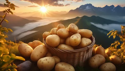 Basket Of Fresh Potatoes At Sunset In Mountains