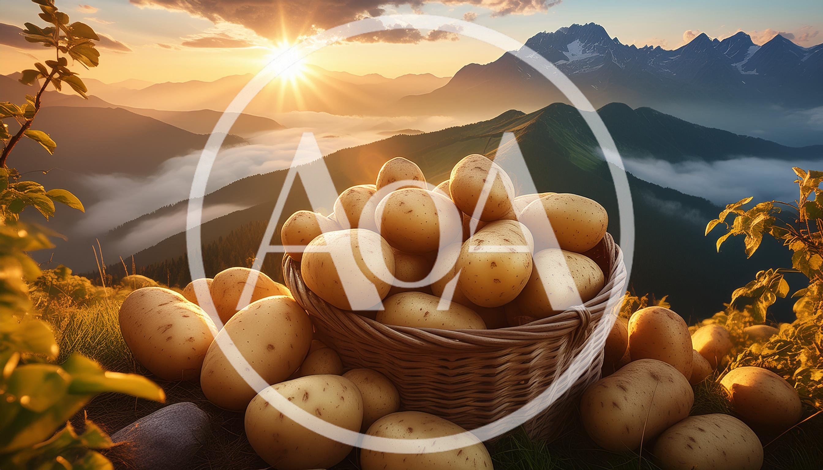 Basket Of Fresh Potatoes At Sunset In Mountains