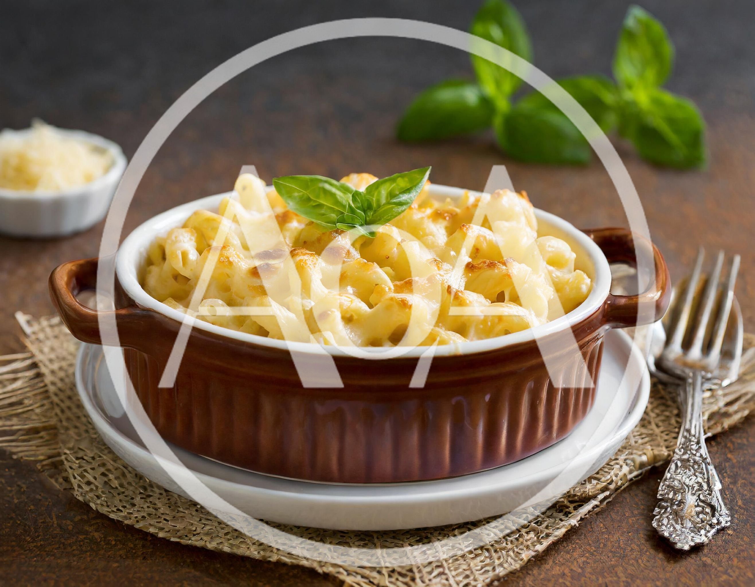 Baked Macaroni And Cheese In A Ceramic Dish