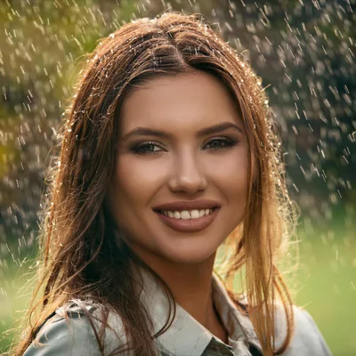 Portrait of a Smiling Woman Standing in Rain