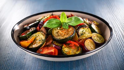 Roasted Vegetable Ratatouille In A Ceramic Bowl
