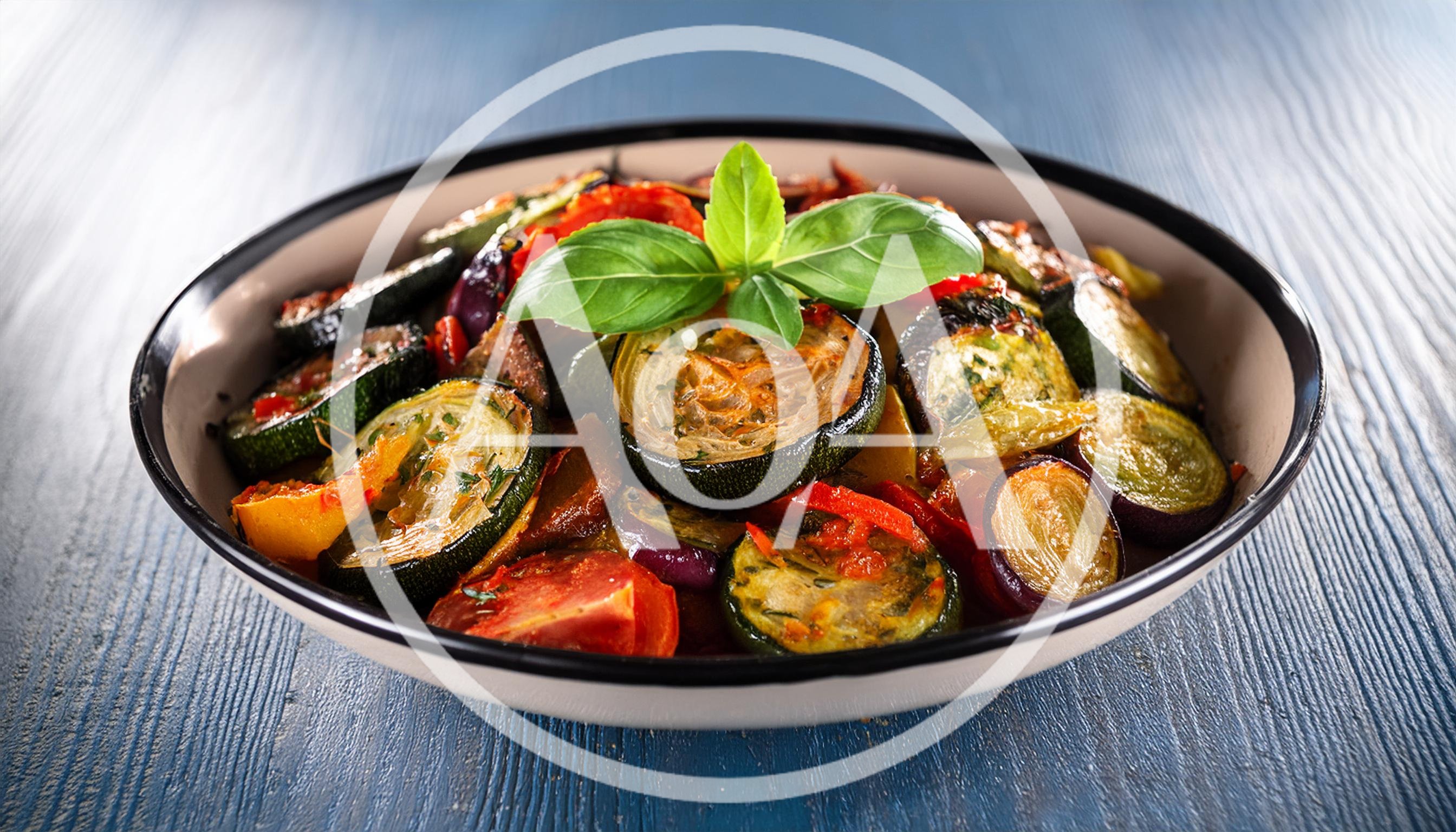 Roasted Vegetable Ratatouille In A Ceramic Bowl