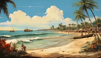 Tropical Beach Scene With Traditional Wooden Boats
