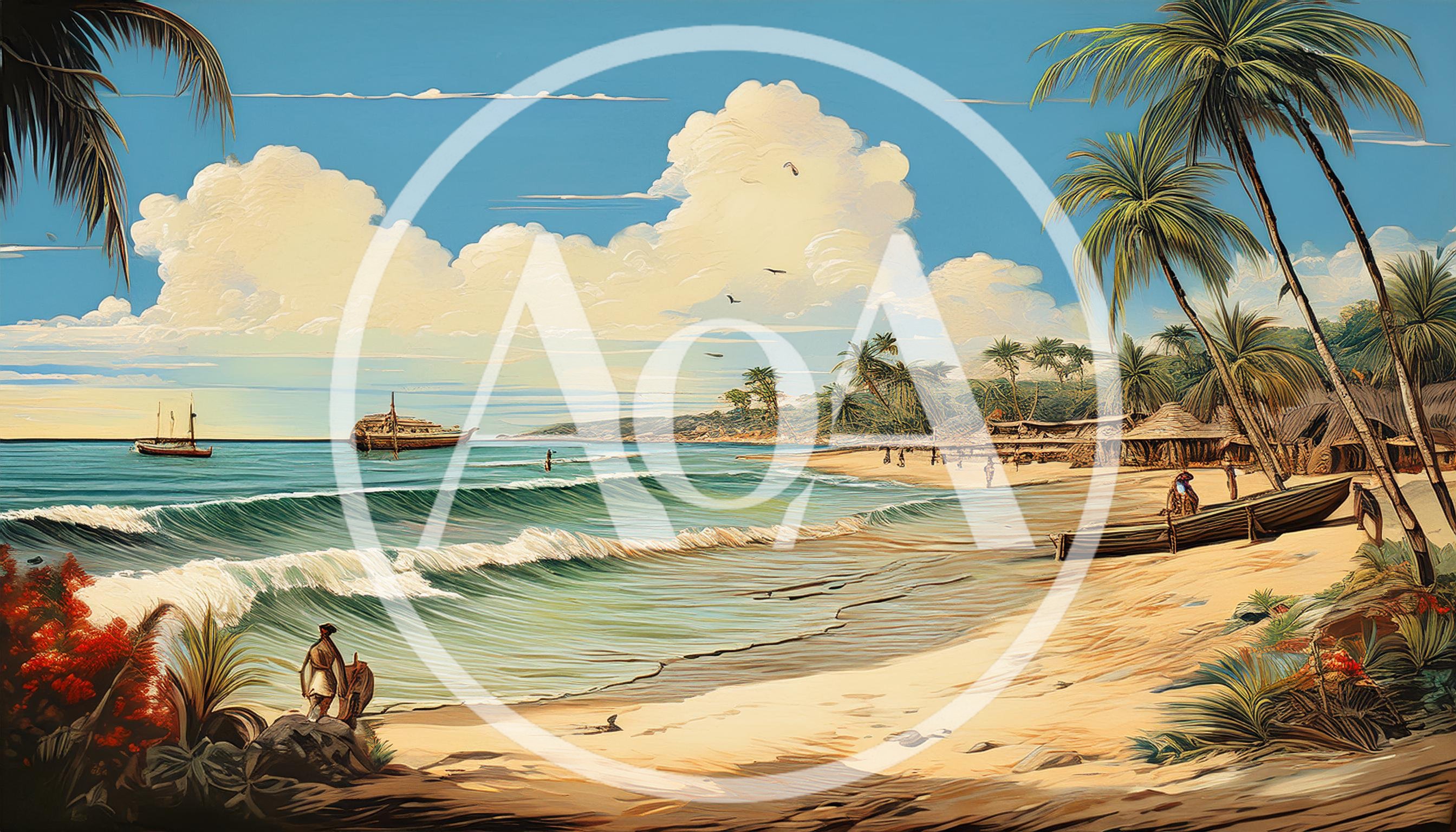 Tropical Beach Scene With Traditional Wooden Boats