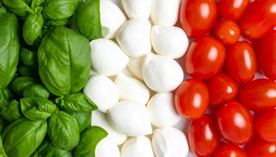 Fresh Basil Mozzarella and Tomatoes Arranged Like Italian Flag