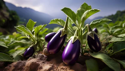 Fresh Purple Eggplants Growing In A Sunny Garden