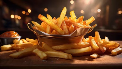 Golden Crispy French Fries In A Metal Serving Basket