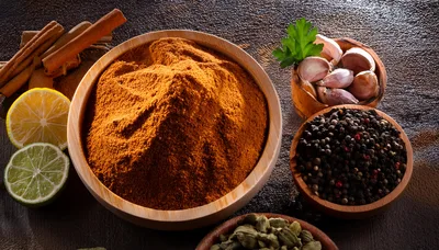 Assorted Spices and Ingredients in Wooden Bowls