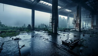 Abandoned Industrial Warehouse Interior During Heavy Rain