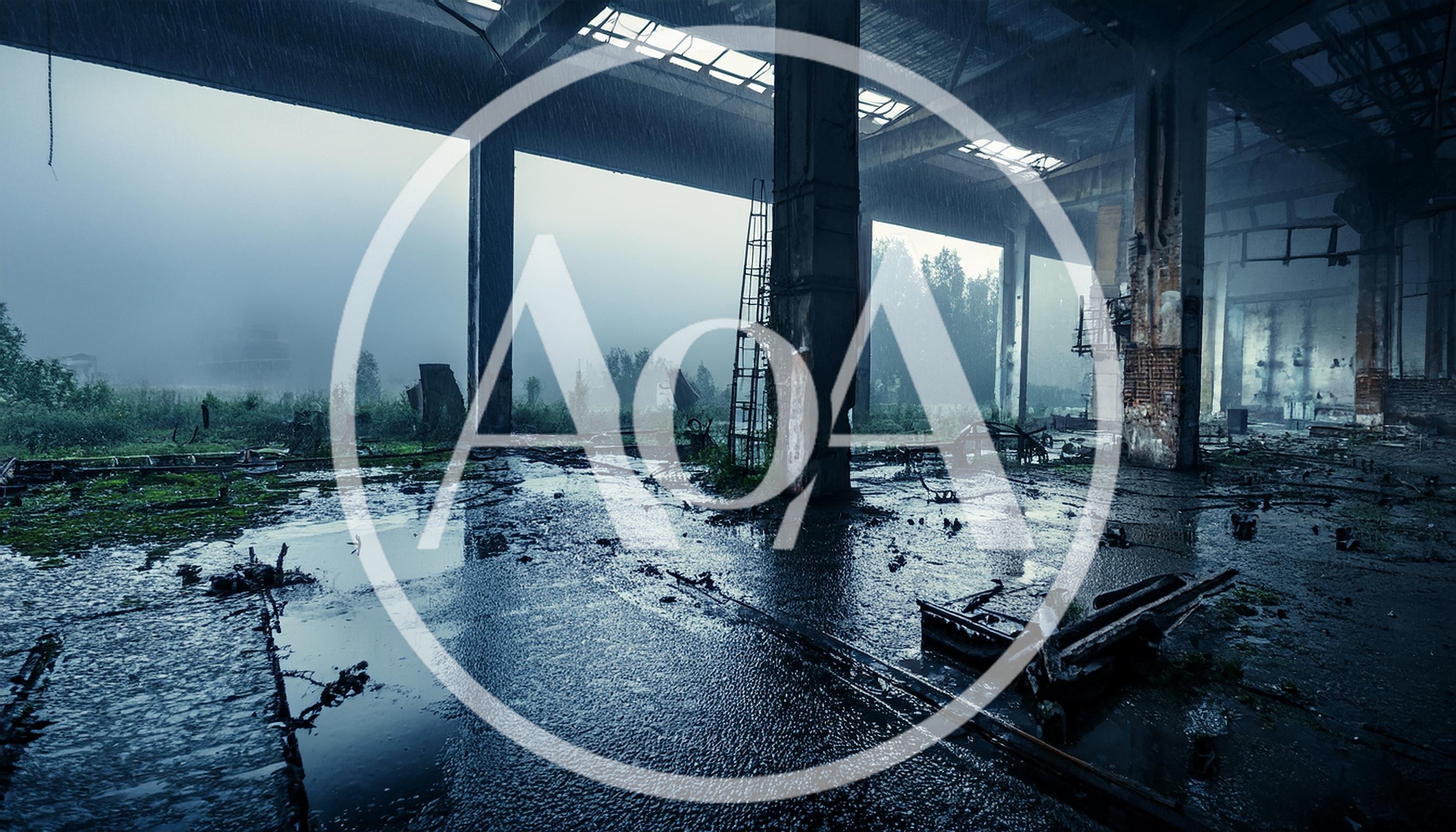 Abandoned Industrial Warehouse Interior During Heavy Rain