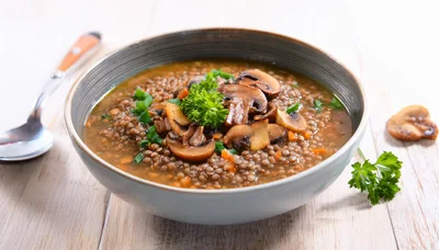 Bowl Of Hearty Lentil And Mushroom Soup