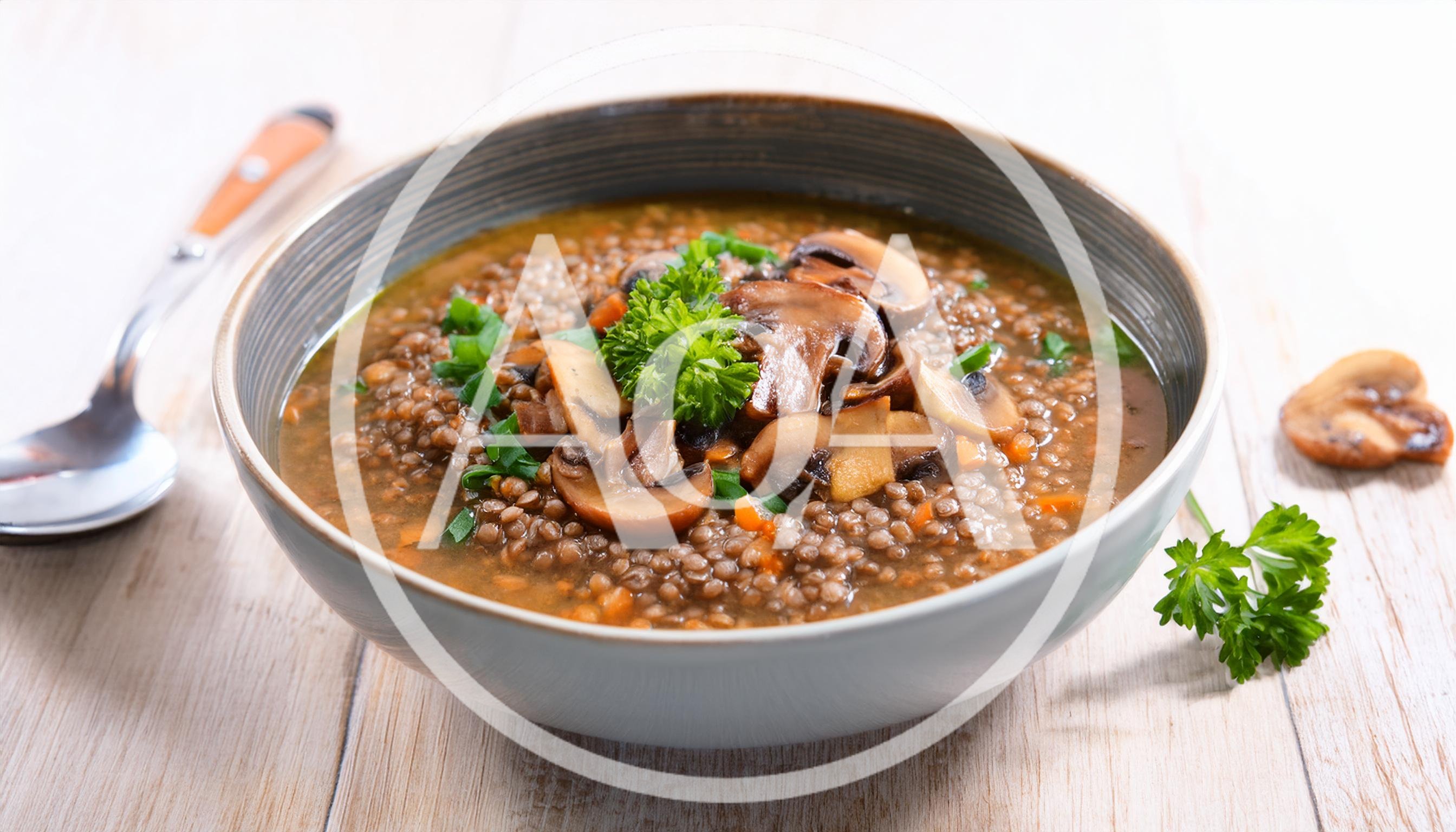 Bowl Of Hearty Lentil And Mushroom Soup