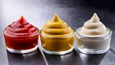 Three Glass Bowls With Ketchup Mustard And Mayonnaise