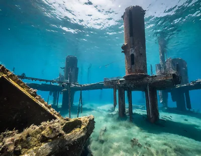 Underwater View Of Sunken Industrial Pier Structure