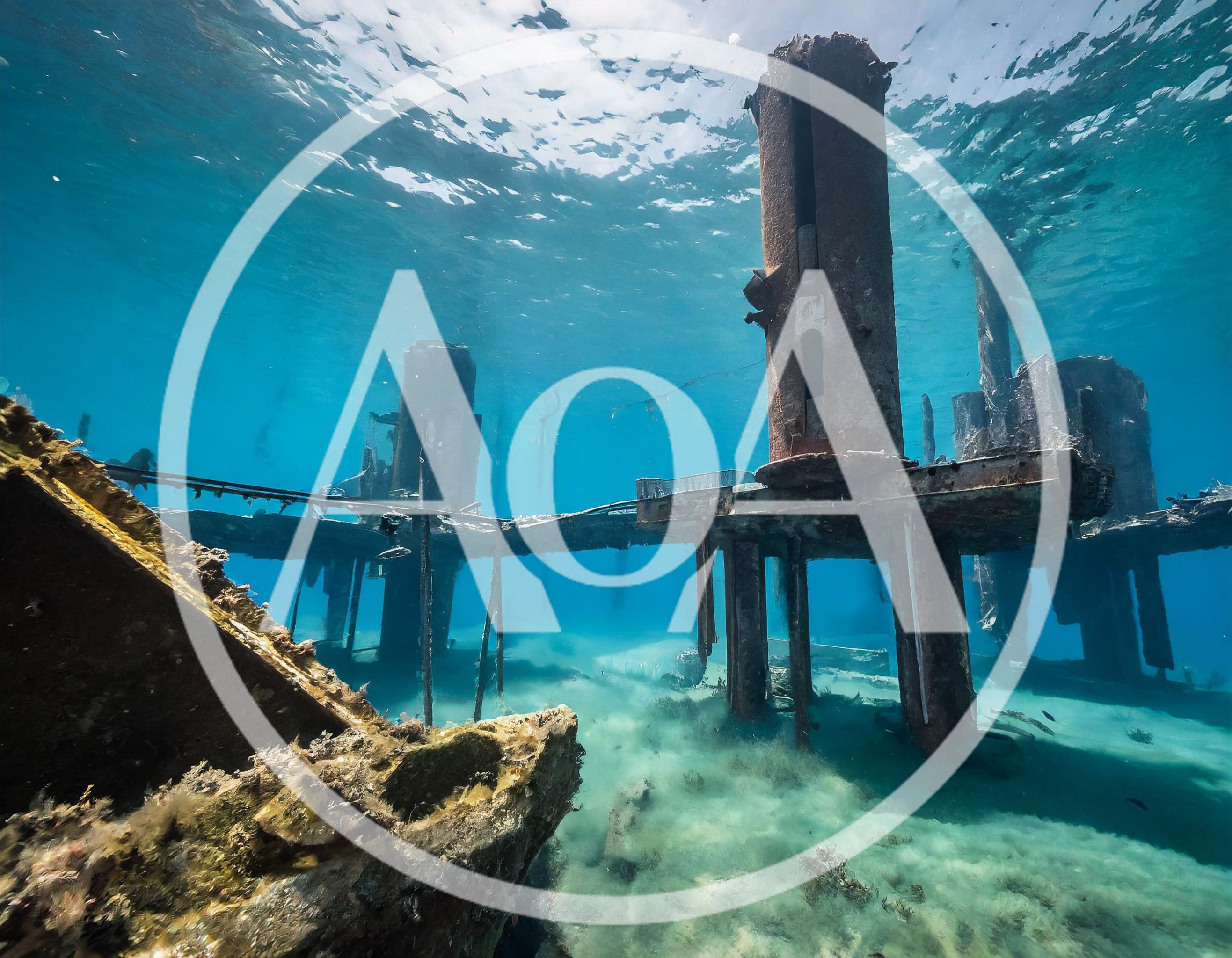 Underwater View Of Sunken Industrial Pier Structure