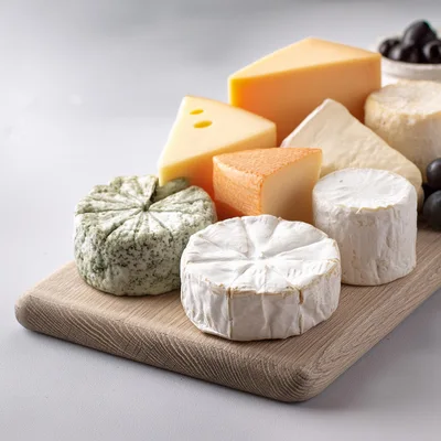 Assorted Gourmet Cheeses Arranged On A Wooden Board
