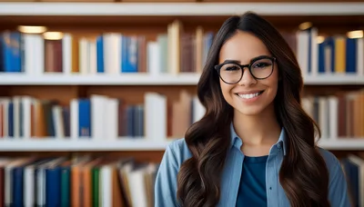 Smiling Young Woman Wearing Glasses In A Library