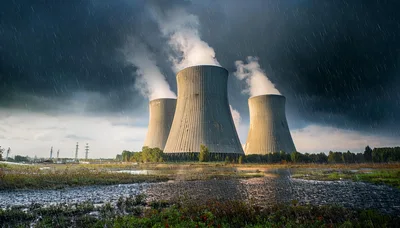 Three Nuclear Power Plant Cooling Towers Under Stormy Skies