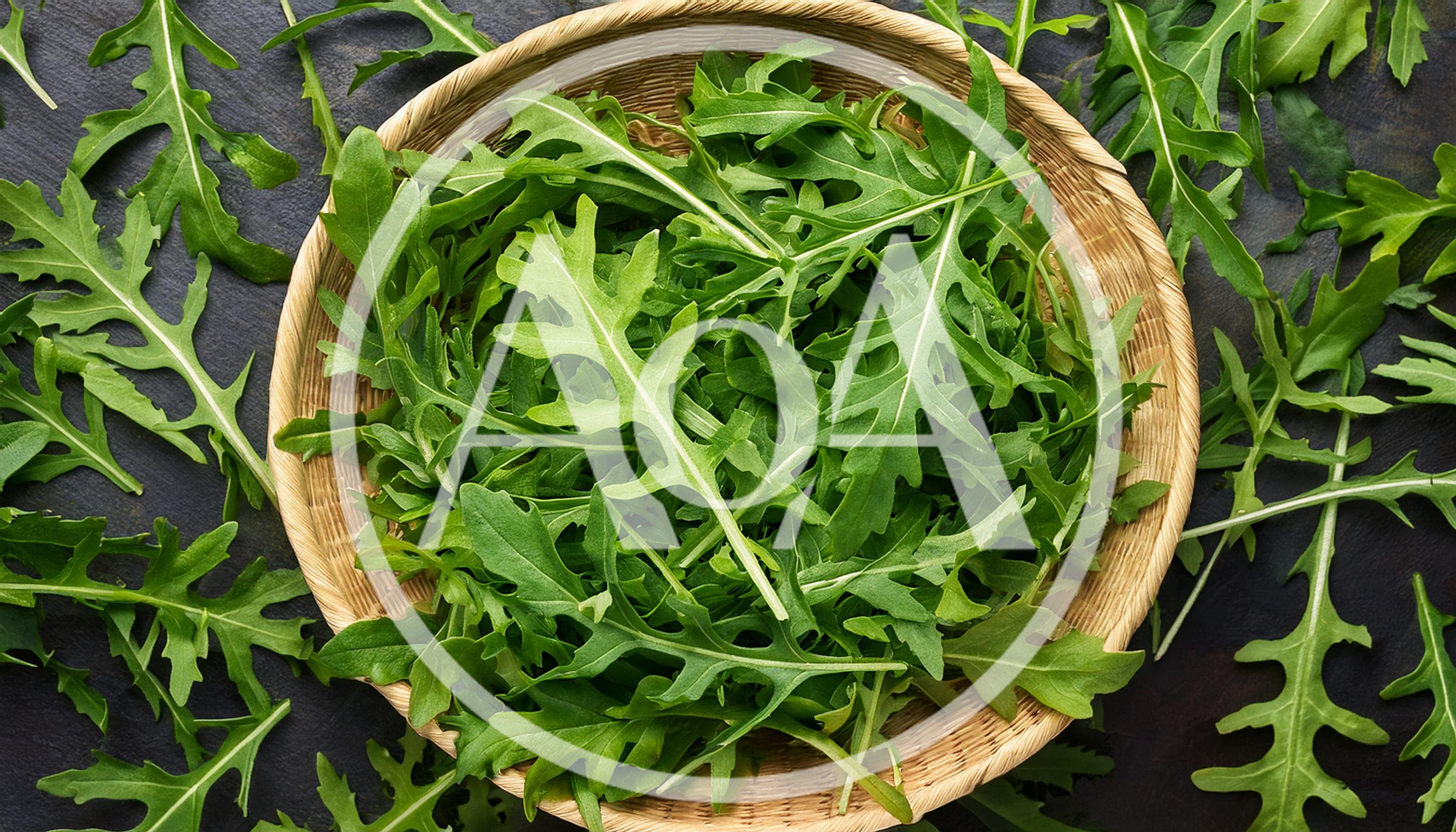 Fresh Arugula Leaves In A Woven Basket