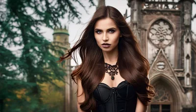 Gothic Woman With Long Brown Hair In Front Of Cathedral