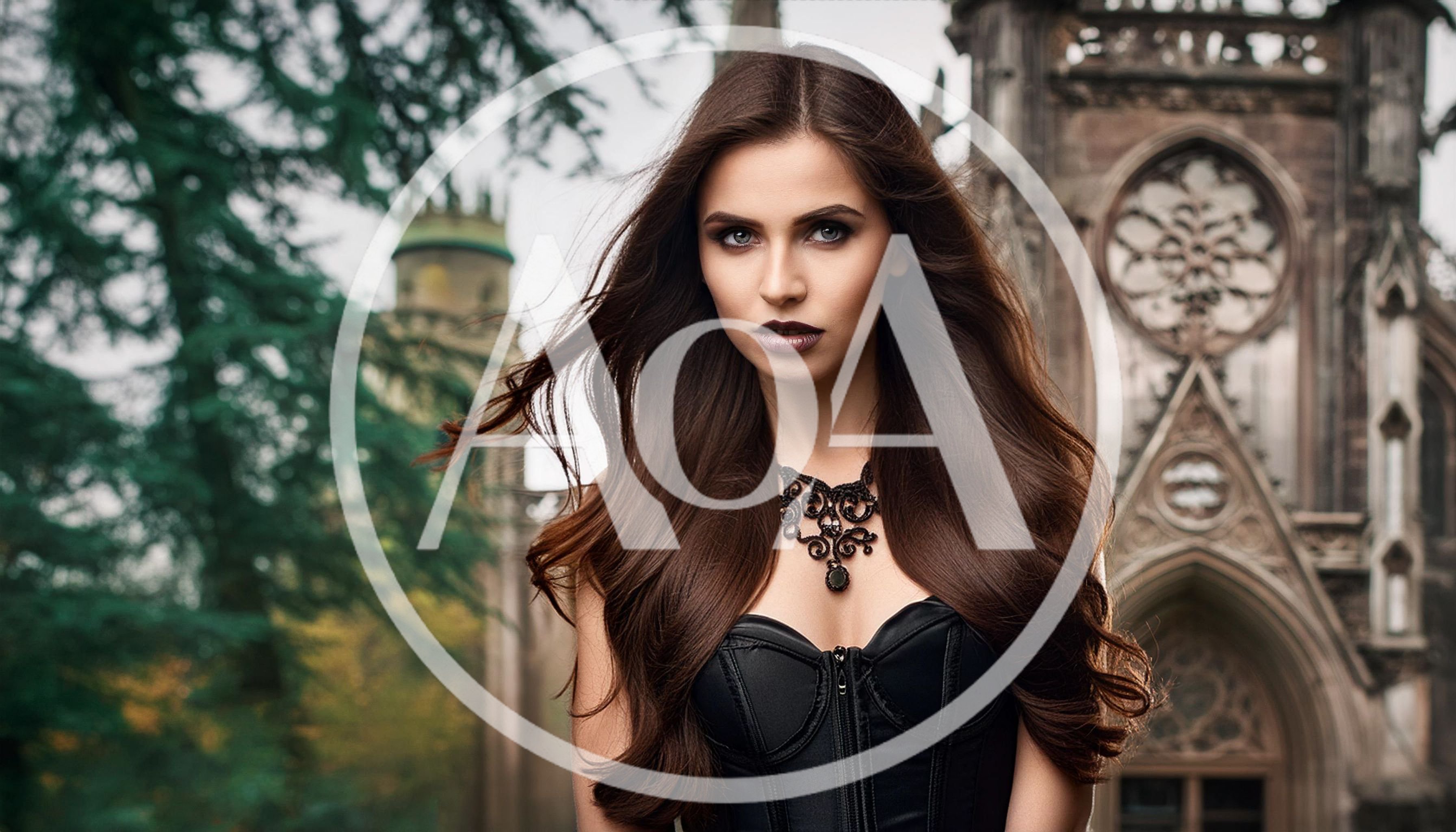 Gothic Woman With Long Brown Hair In Front Of Cathedral