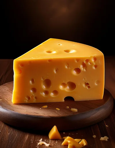 Wedge Of Swiss Cheese On A Wooden Cutting Board